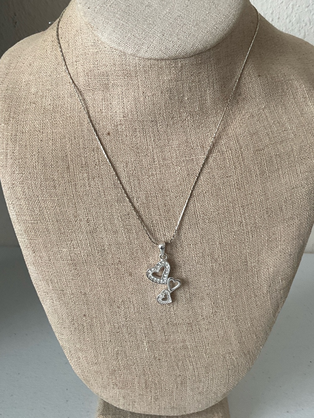 Silver Tone Double Heart Pendant Necklace -